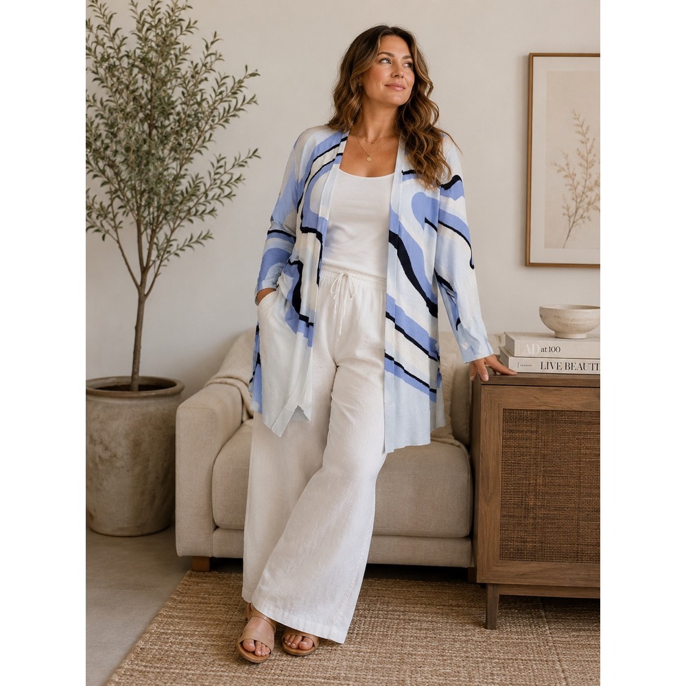 Chicos Abstract Wave Open Front Cardigan Blue White Black Size 2 L Large